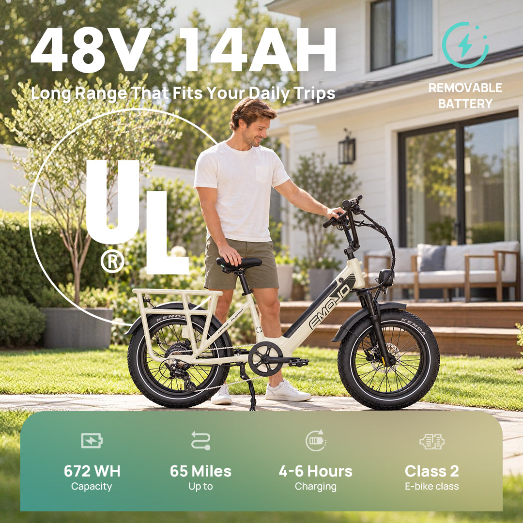 emojo cargo xplorer 750w long range cargo ebike with removable 48v battery 65 mile range ul certified