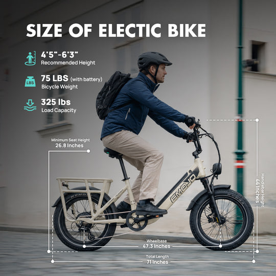 emojo cargo xplorer electric bike dimensions size guide with 325 lbs load capacity for riders 45 to 63