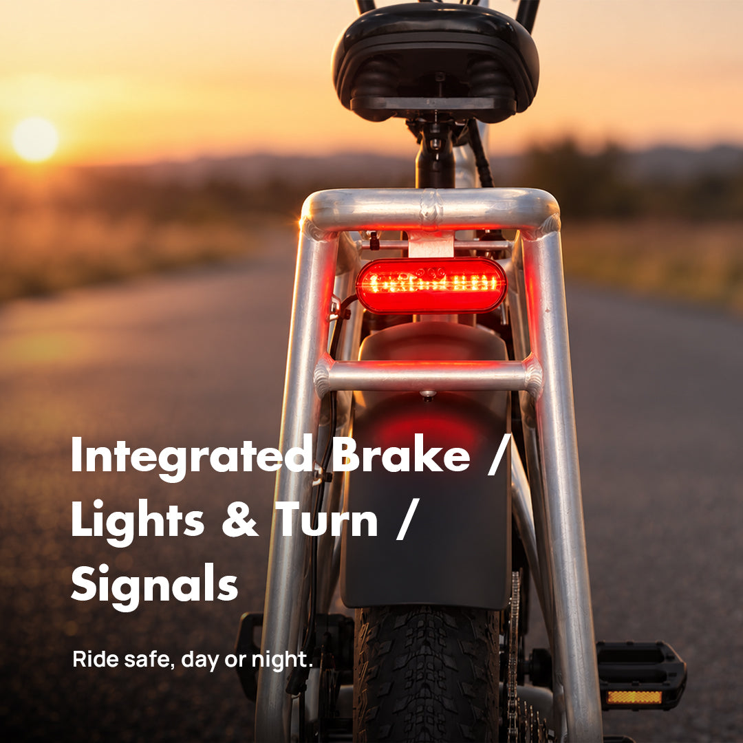 rear view of emojo cargo xplorer cargo ebike with integrated brake light and turn signals for safe night riding